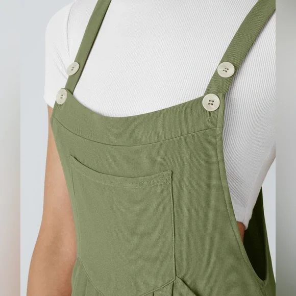 Halara Adjustable Strap Button Multiple Pockets Waffle Casual Overalls Green - Picture 5 of 10